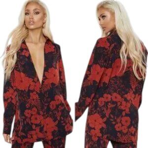 Pretty Little Thing red and black floral oversized long sleeved shirt sz 12
